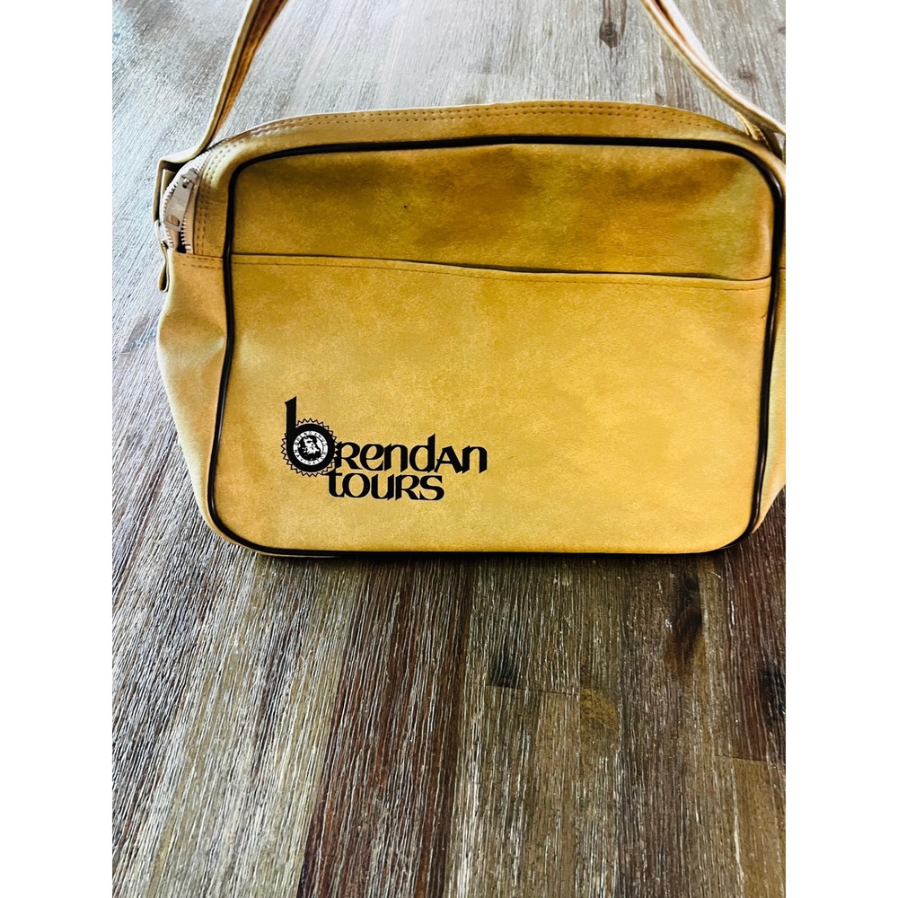 Vintage Brendan Tours Travel Bag Mustard Yellow Faux Leather Retro Flight Bag